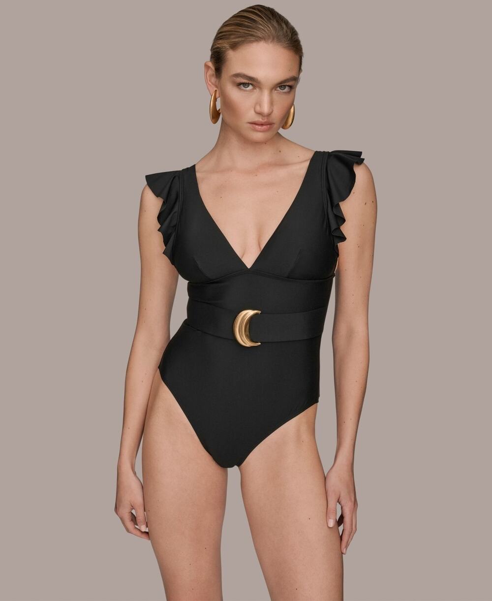 Donna Karan New York Belted Flutter-Sleeve One-Piece Swimsuit Black Size M 2371